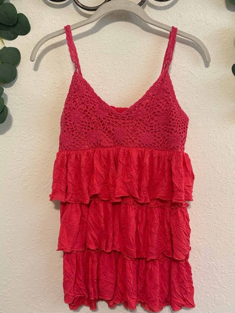 Y2K Pink Ruffle-Tiered Crochet Babydoll Top💕